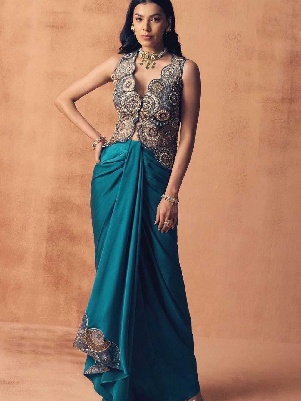 Embellished Teal Draped Skirt - Women